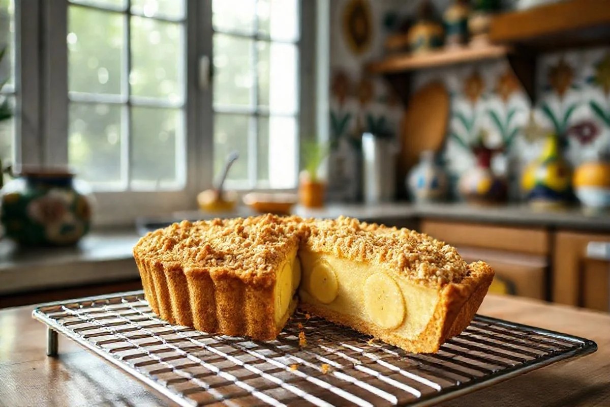 Torta de banana com farofa crocante dourada esfriando em grade. Pronta para servir.