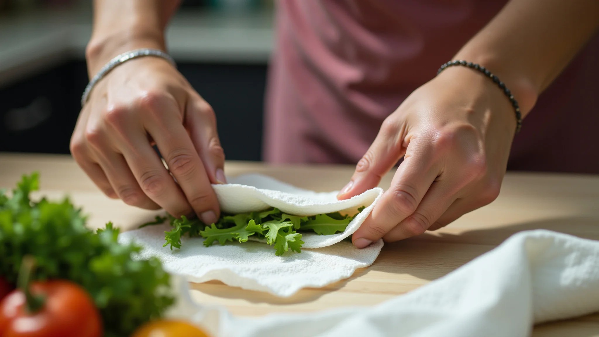 Mãos embrulhando verduras em papel toalha, método da avó.