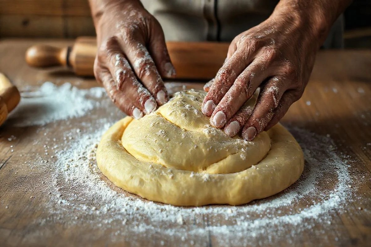 Mãos preparando a massa da torta de banana em superfície enfarinhada. Processo de preparo.