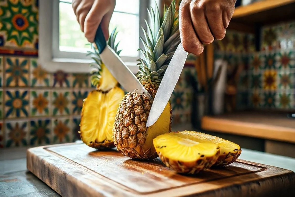 Preparando abacaxi para amaciar carne. Detalhe das mãos e ingredientes.