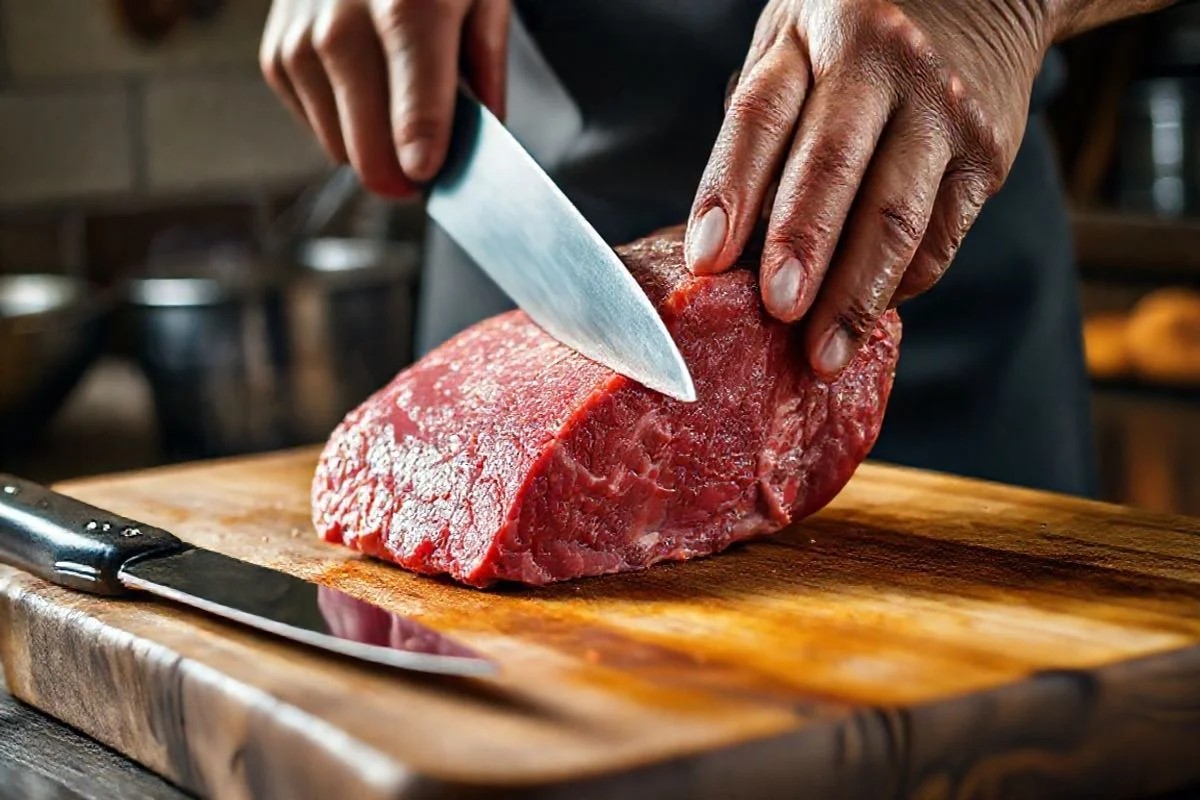 Mãos fatiando picanha crua no sentido correto das fibras.