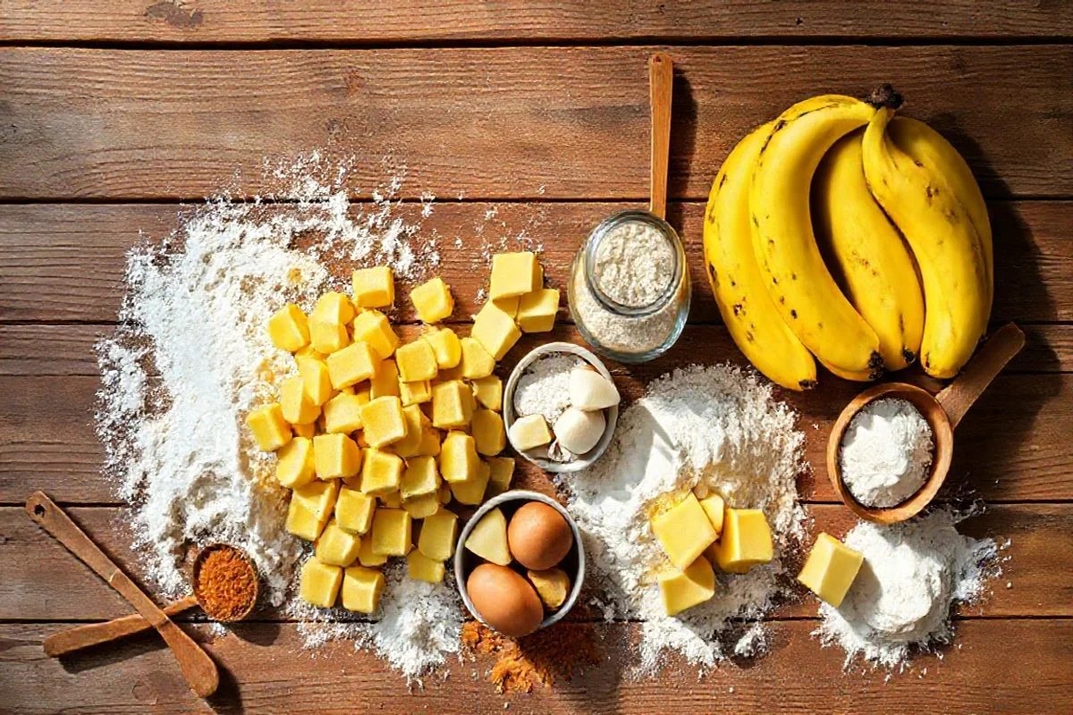 Ingredientes para torta de banana: farinha, açúcar, manteiga, ovos, bananas e canela.