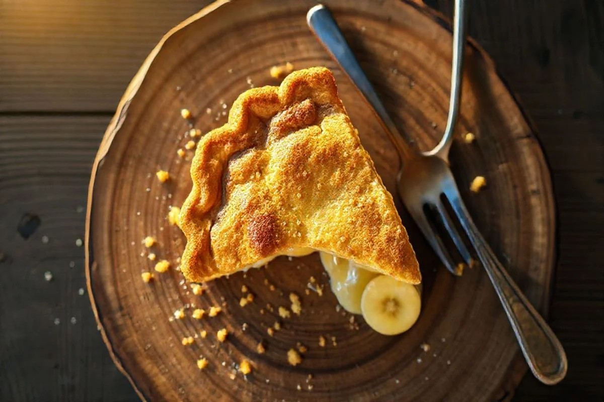 Fatia de torta de banana com farofa crocante em prato rústico. Sobremesa caseira brasileira.