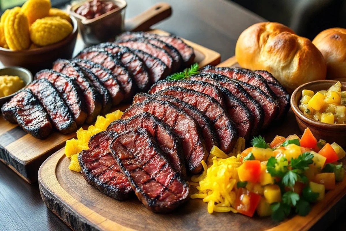 Picanha fatiada com farofa, vinagrete e pão de alho.