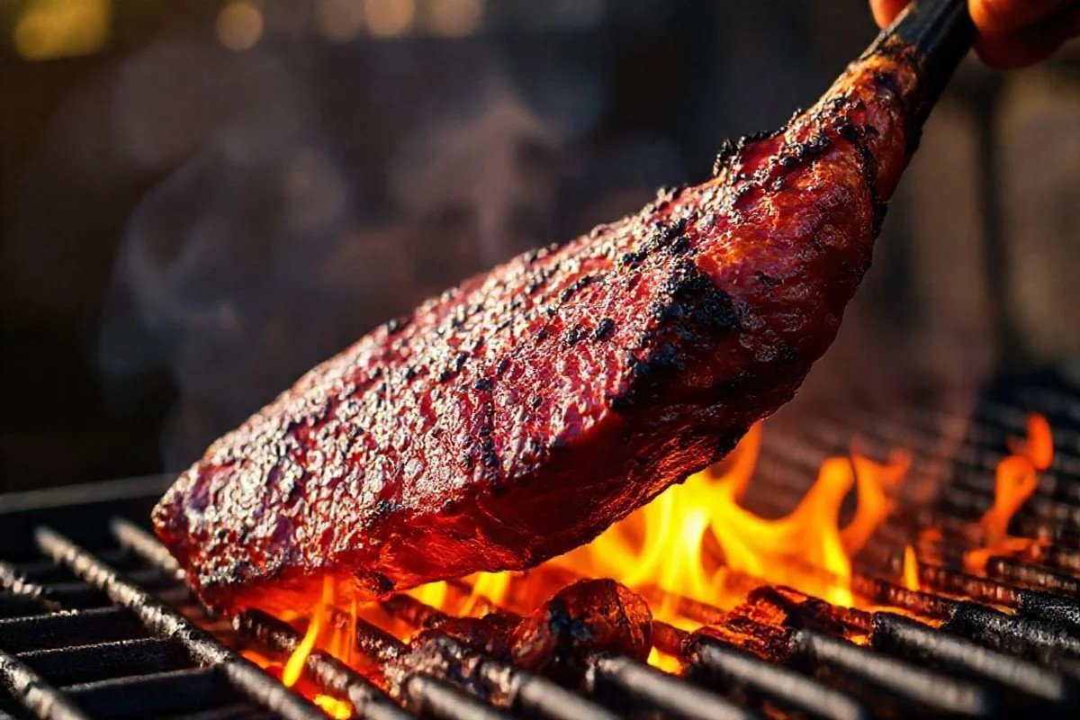 Picanha sendo grelhada em churrasqueira com brasa forte.