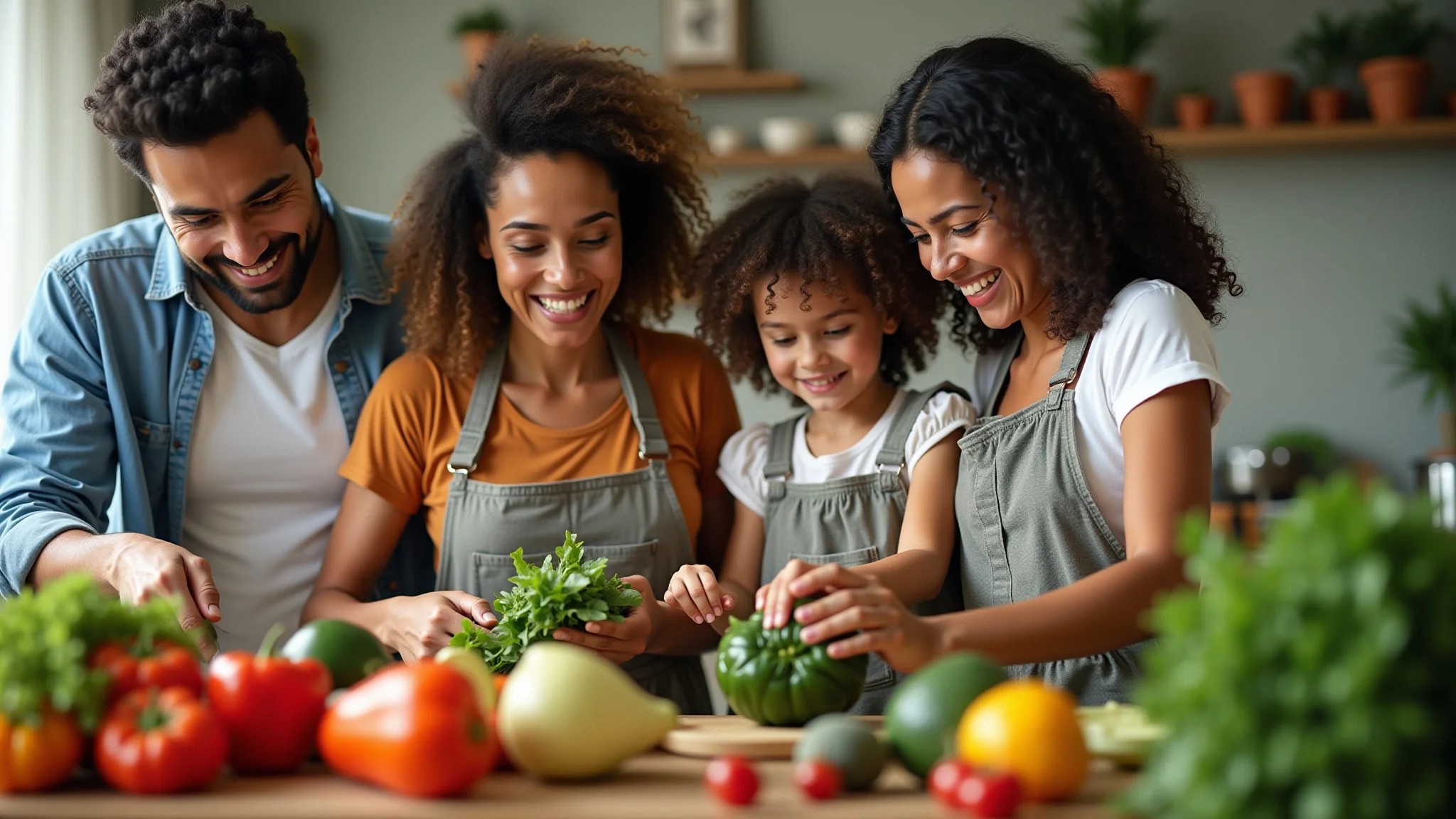 Família brasileira preparando verduras juntas, sorrindo, ingredientes frescos.