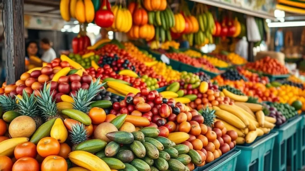 Barraca de mercado vibrante com frutas tropicais frescas e coloridas.