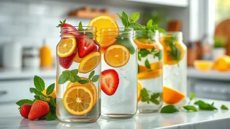 Jarras de água saborizada com frutas e ervas coloridas em cozinha brasileira iluminada.