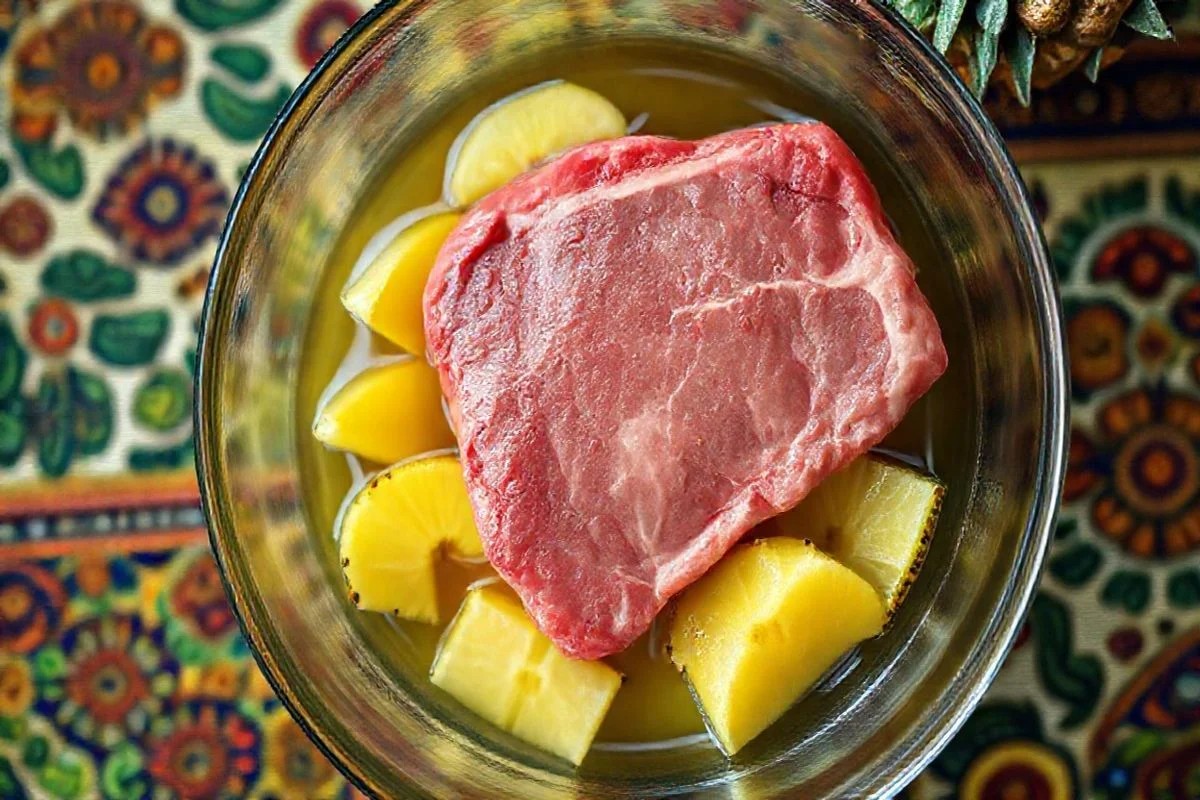 Carne crua marinando com abacaxi em tigela de vidro. Toalha brasileira.
