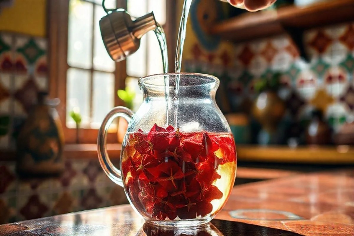 Preparo do chá de hibisco: água quente sendo despejada sobre as flores secas.