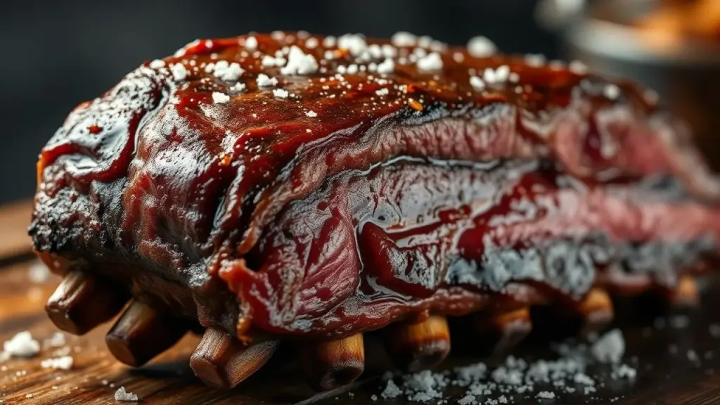 Costela que Desmancha: Segredo Revelado para Suculência Perfeita Costela bovina suculenta se soltando do osso, temperada com sal grosso, churrasco brasileiro.