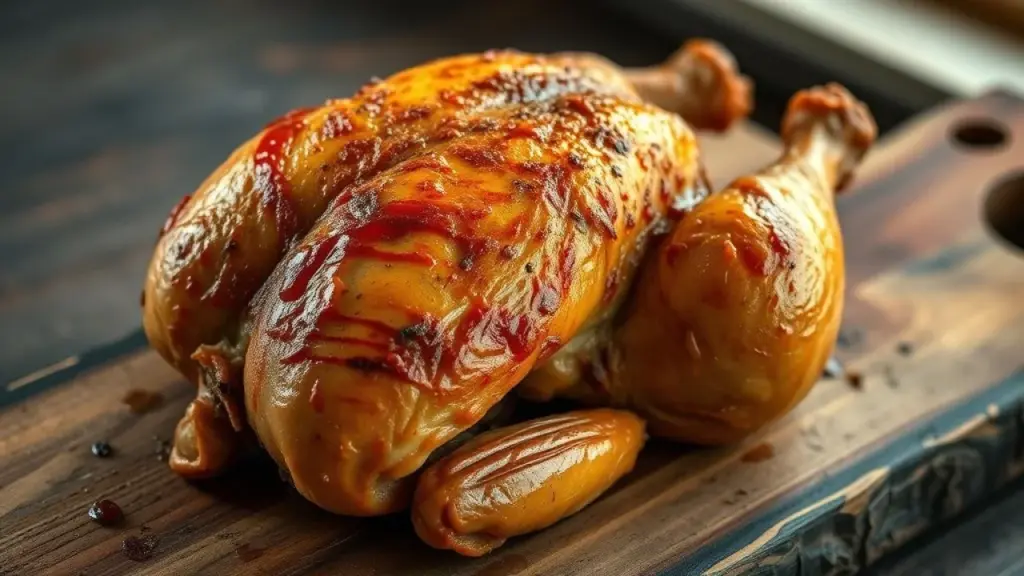 Frango assado perfeito com pele crocante em tábua de madeira.