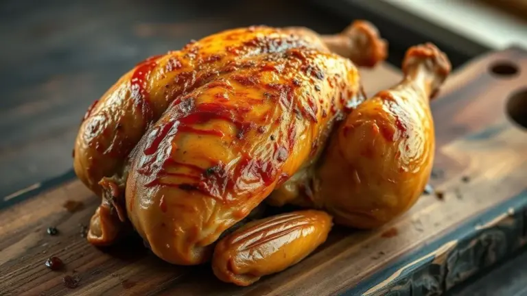 Frango assado perfeito com pele crocante em tábua de madeira.
