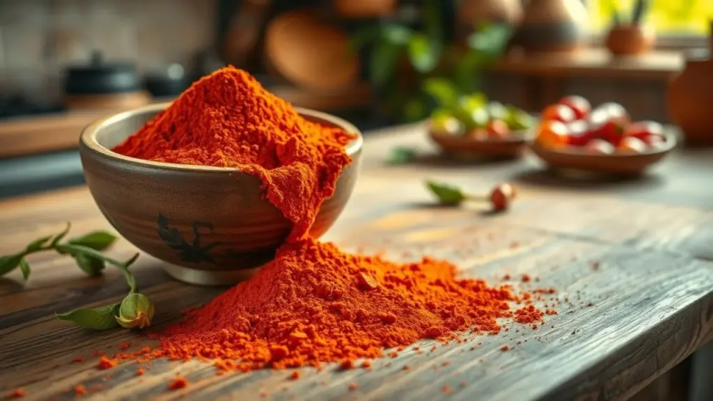 Descubra como a páprica doce ou picante pode reinventar seus pratos! Páprica vibrante derramando de tigela rústica em bancada de madeira.