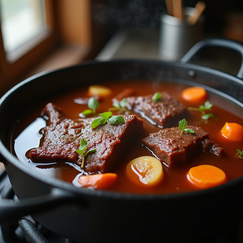 8K, Beef bone broth simmering, roasted bones, rich color, natural light, sharp focus, lifestyle Caldo de ossos de boi concentrado.