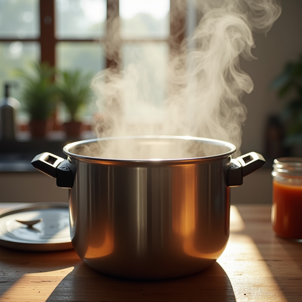 8K, Bone broth in pressure cooker, steam escaping, modern kitchen, natural light, sharp focus, 1:1 Caldo de ossos na panela de pressão.