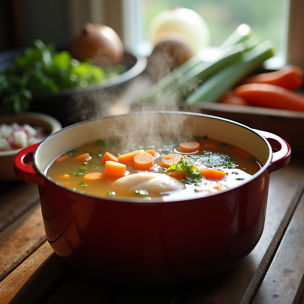 8K, Chicken bone broth simmering, carrots, celery, onion, natural light, lifestyle photography, Caldo de ossos de frango caseiro.