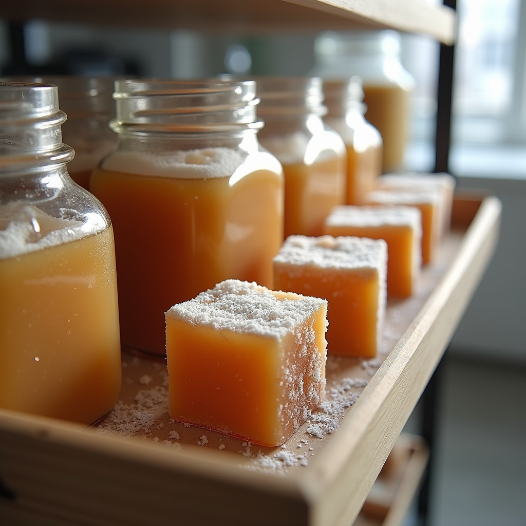 8K, Frozen bone broth cubes, glass containers, freezer, organized, natural light, sharp focus, 1:1 Caldo de ossos congelado em porções.