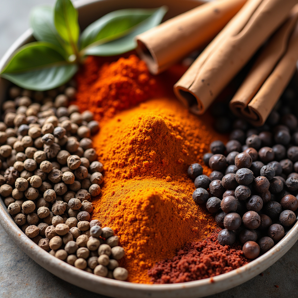 8K, Variety of spices for bone broth, cinnamon sticks, bay leaves, peppercorns, vibrant colors, Especiarias vibrantes para caldo de ossos.