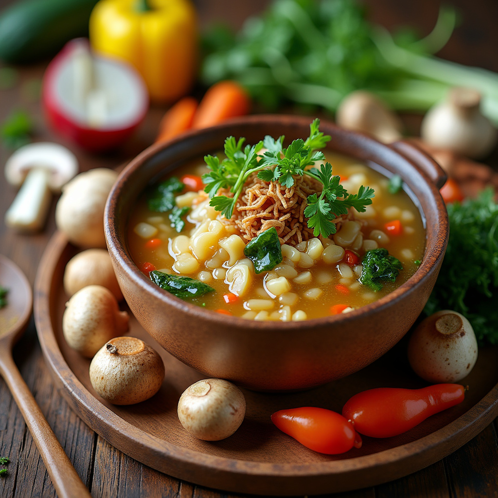 8K, Vegan bone broth ingredients, mushrooms, seaweed, vegetables, vibrant colors, natural light, Ingredientes para caldo de ossos vegano.
