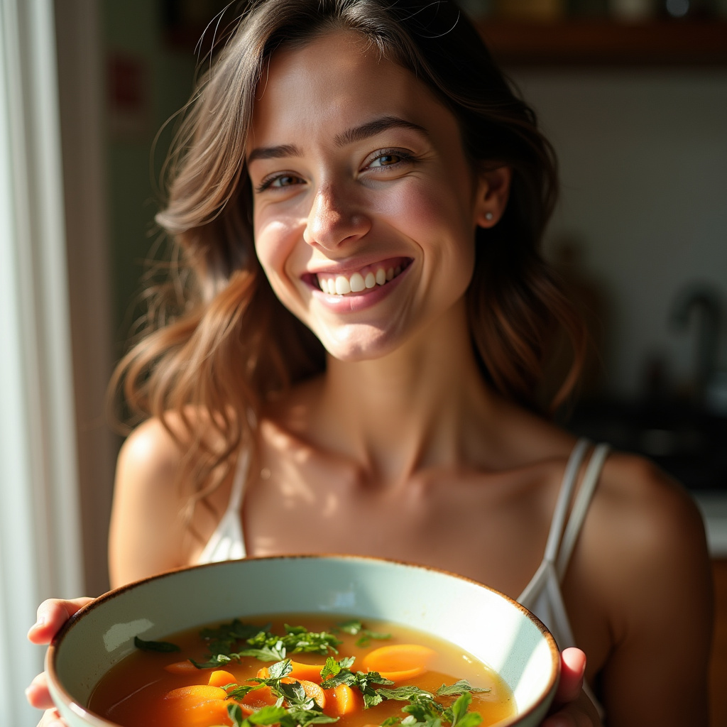 8K, Woman with radiant skin, bowl of bone broth, natural light, lifestyle photography, sharp focus, Mulher com pele radiante tomando caldo de ossos.