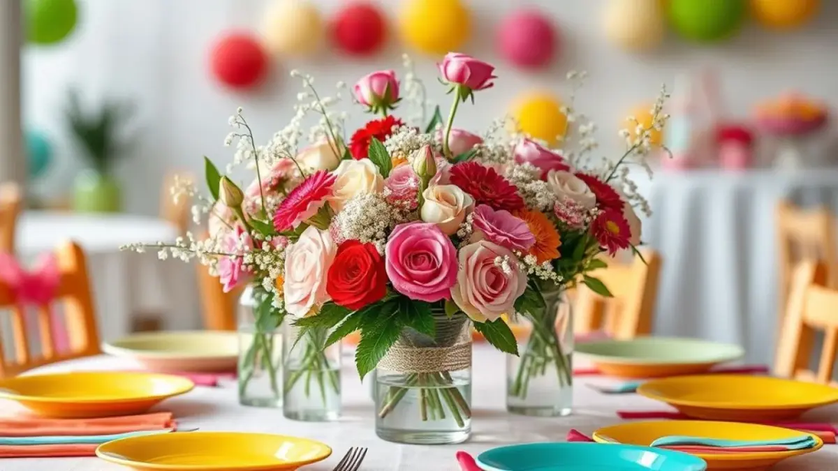 A beautifully decorated table centerpiece at a Brazilian children's party featuring a mix of roses, Arranjo de mesa elegante com rosas e gérberas para festa infantil brasileira.