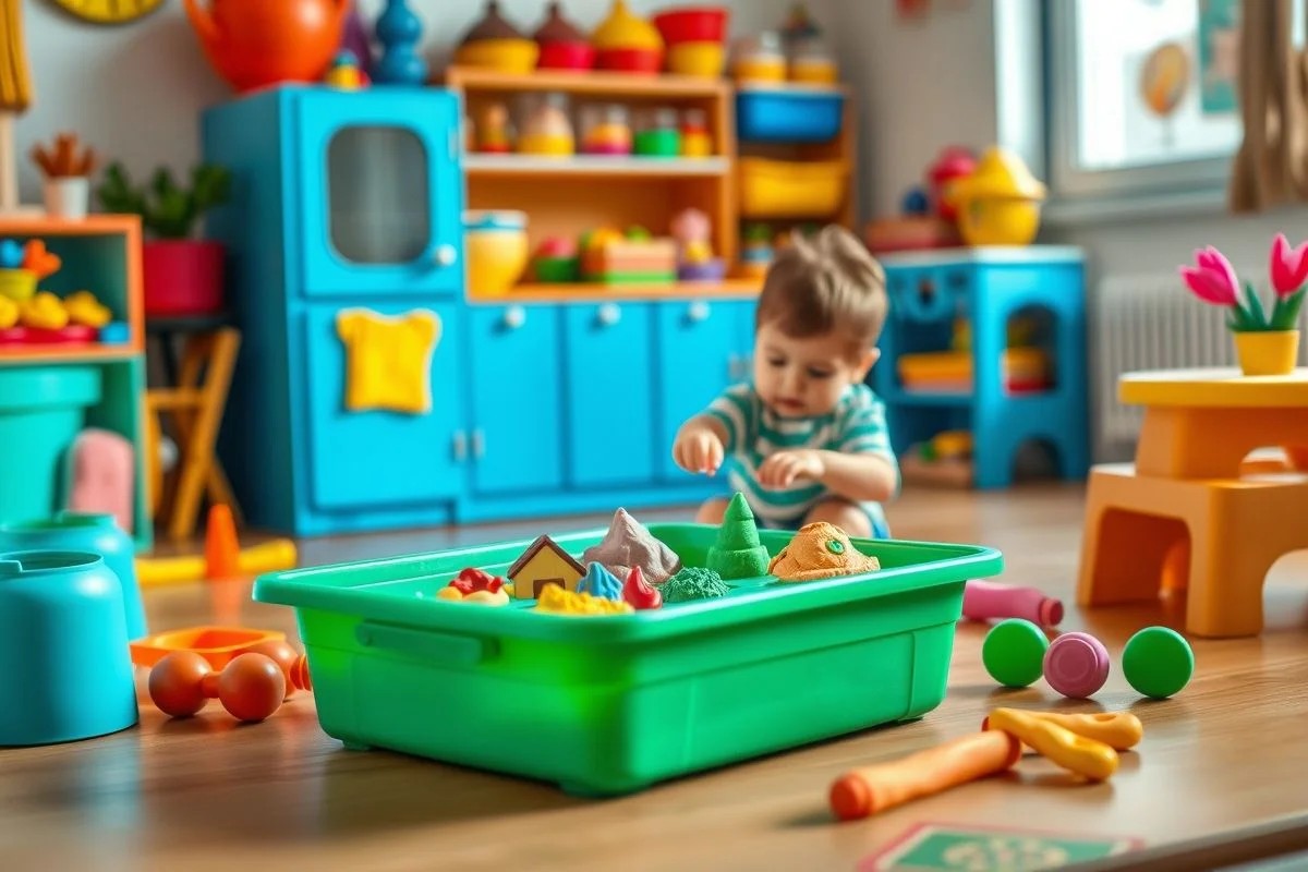 Bandeja colorida usada como base para massinha em quarto de criança brasileiro.