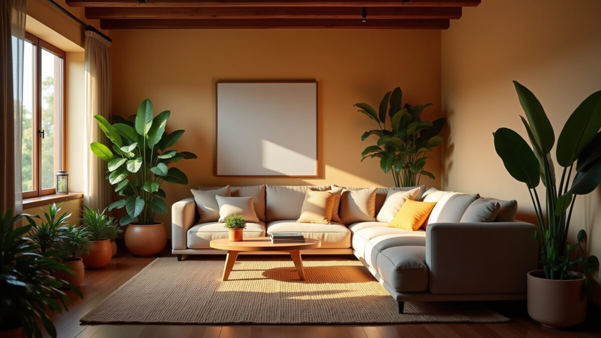 A cozy living room illuminated by soft, layered lighting. Brazilian design, plants, warm colors, Sala de estar aconchegante com iluminação suave e design brasileiro.