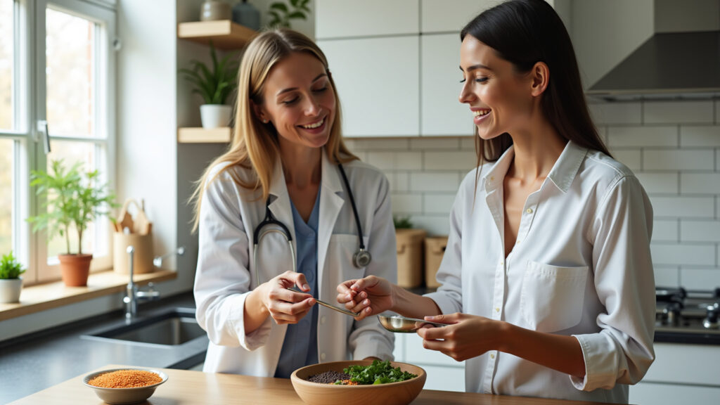 A nutritionist explaining portion sizes of lentils to a woman in a bright, modern kitchen, natural Nutricionista explicando porção de lentilha para paciente.