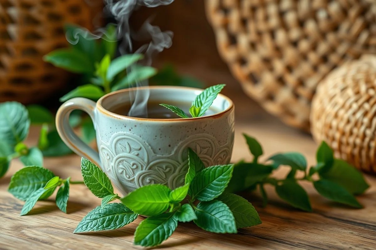 Xícara fumegante de chá de erva cidreira com folhas frescas.