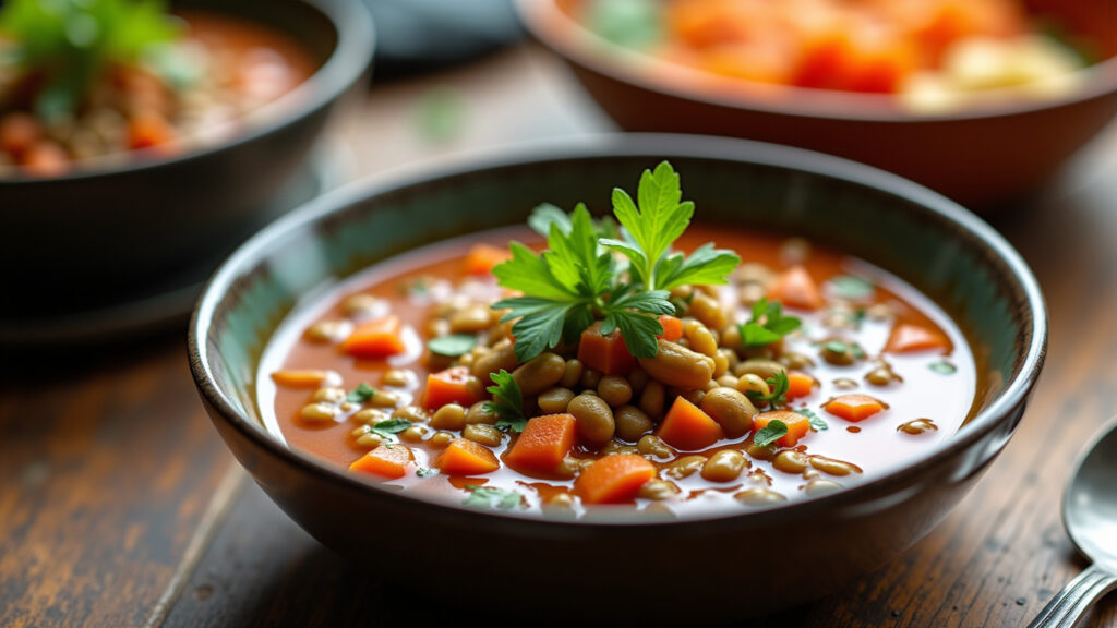 A vibrant bowl of lentil soup with fresh herbs, rustic wooden table, natural light, healthy eating, Sopa de lentilha caseira, nutritiva e reconfortante.
