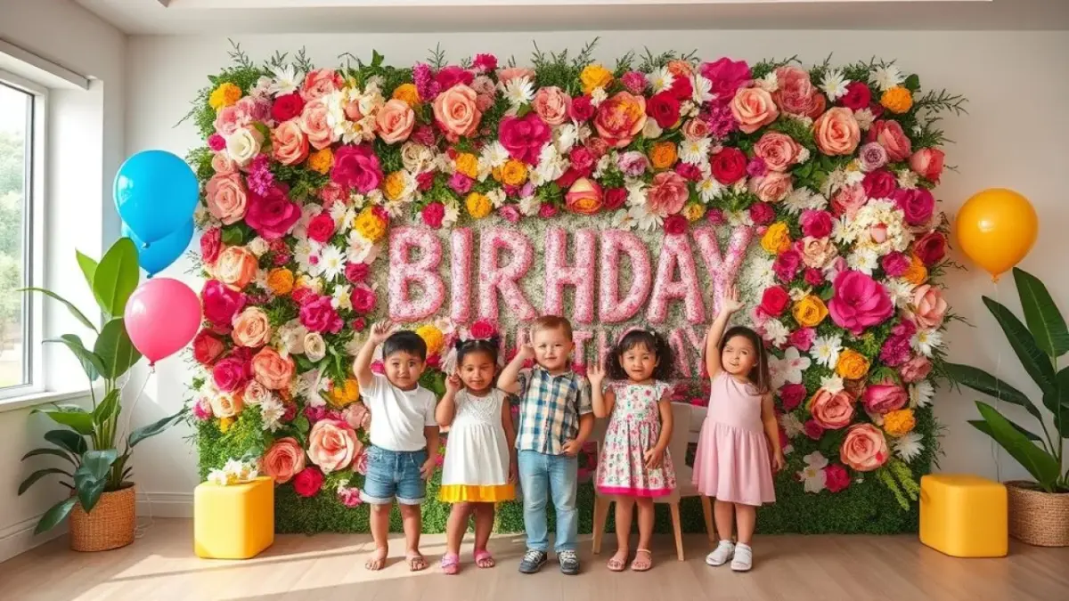 A vibrant floral garland and flower panel decorating a wall at a Brazilian children's birthday Painel de flores colorido e guirlanda decorativa para festa infantil no Brasil.