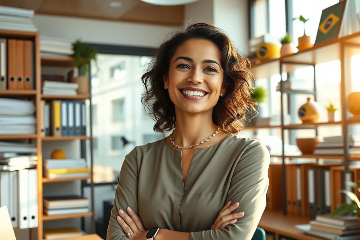 Mulher sorrindo em escritório organizado, irradiando tranquilidade.