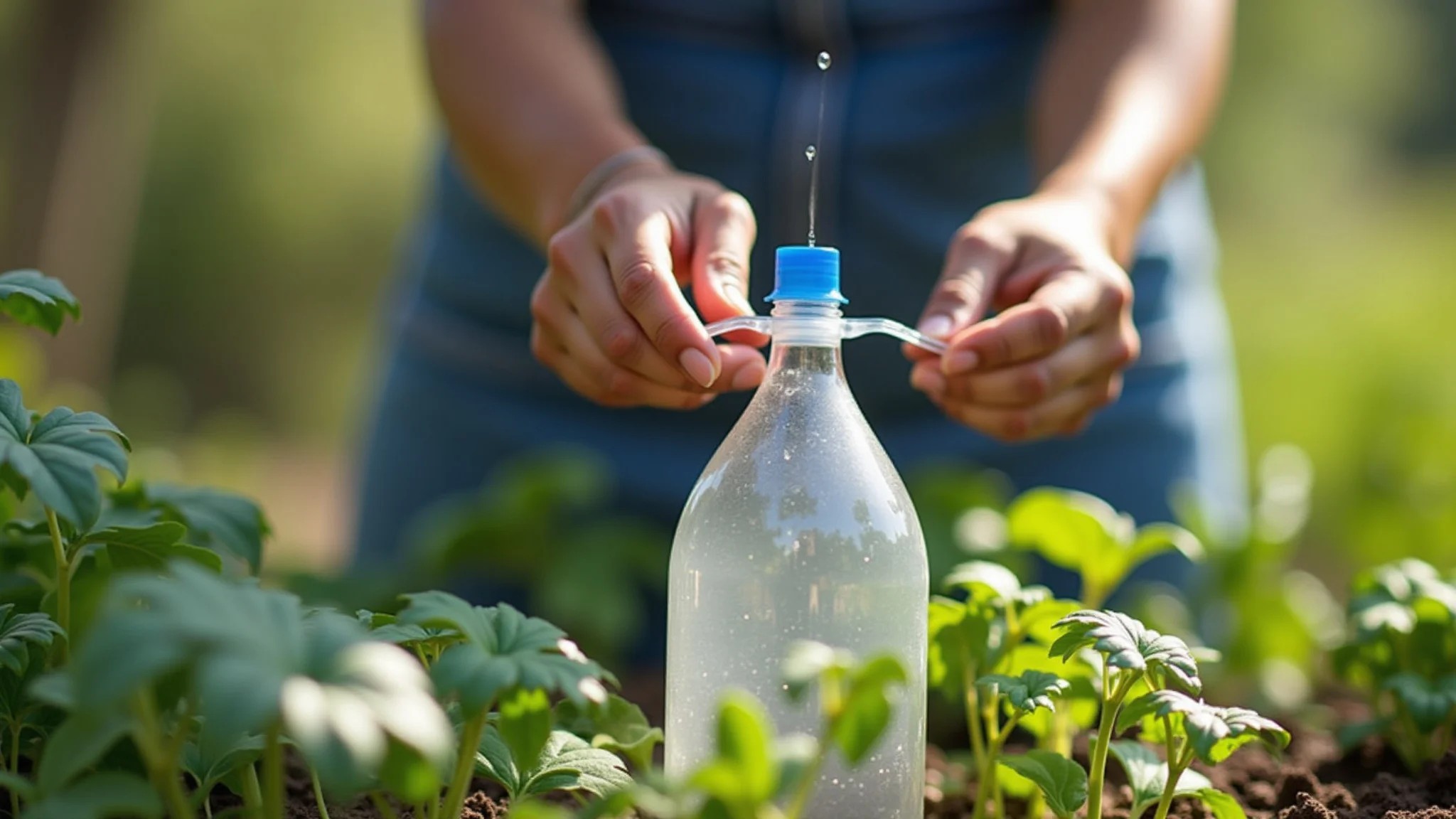 Mulher usando sistema de irrigação caseiro com garrafa PET no jardim.