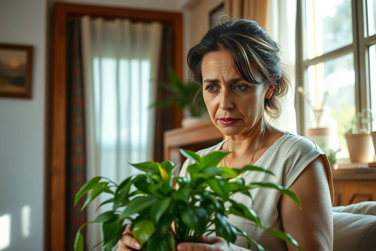 Brasileira preocupada examinando pimenteira seca em casa.