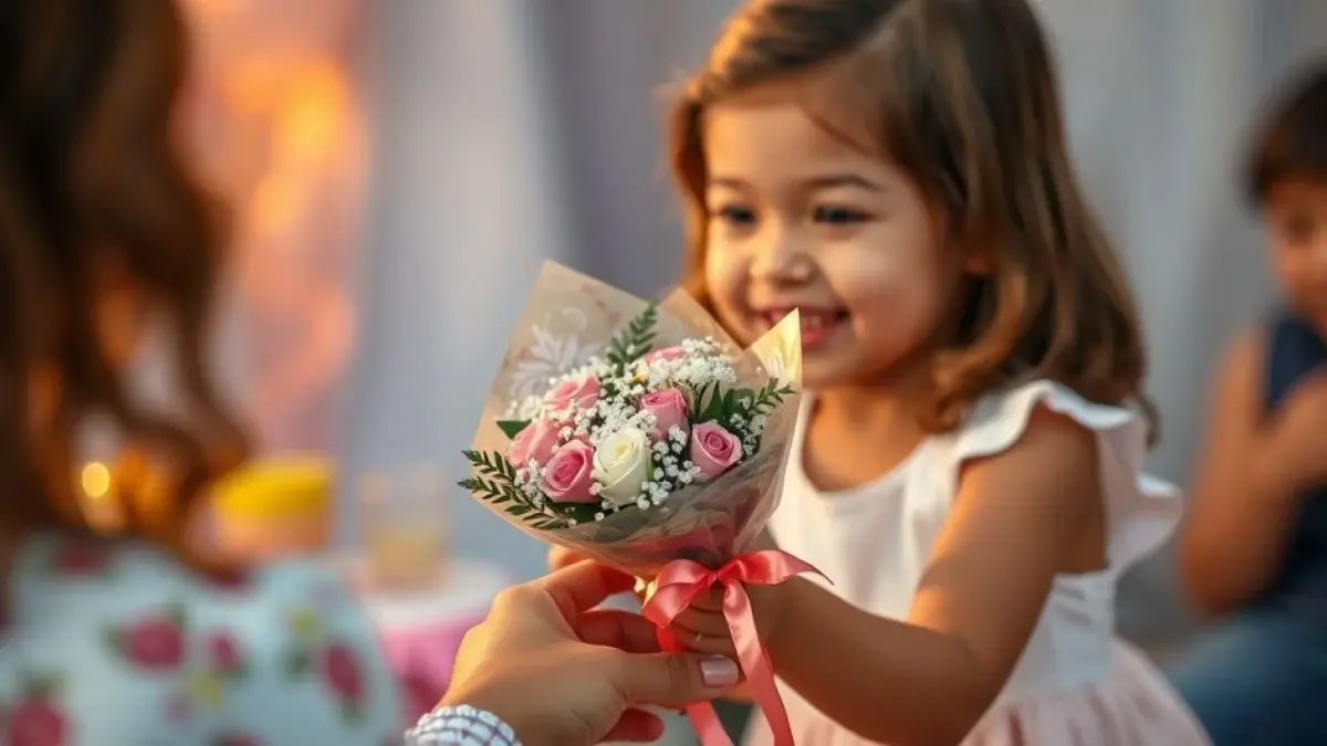 A young Brazilian girl receiving a small bouquet of flowers (baby's breath and mini roses) as a Menina brasileira feliz recebendo buquê de flores como lembrancinha em festa.