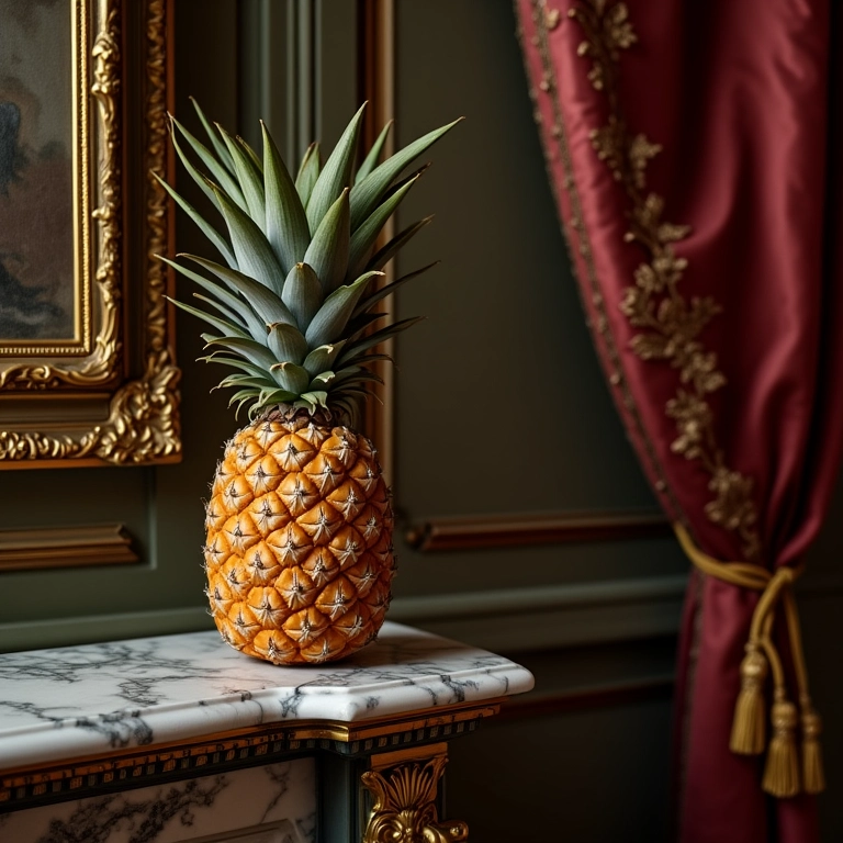 Abacaxi como símbolo de status na Europa do século XVIII, exibido em uma sala elegante.