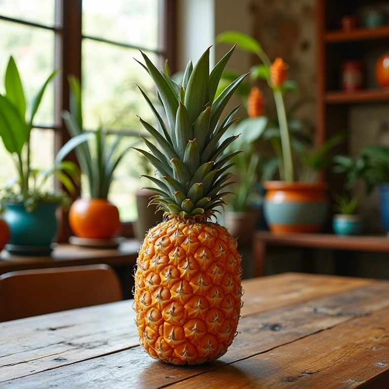 Abacaxi vibrante como centro de mesa em estilo brasileiro, simbolizando hospitalidade e luxo.
