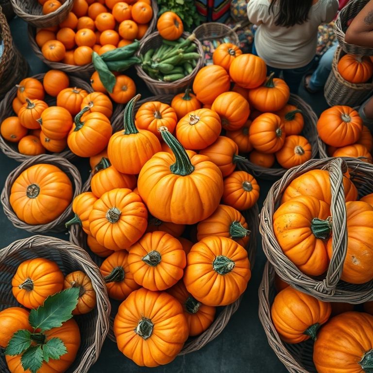 Abóboras laranja vibrantes em um mercado brasileiro.