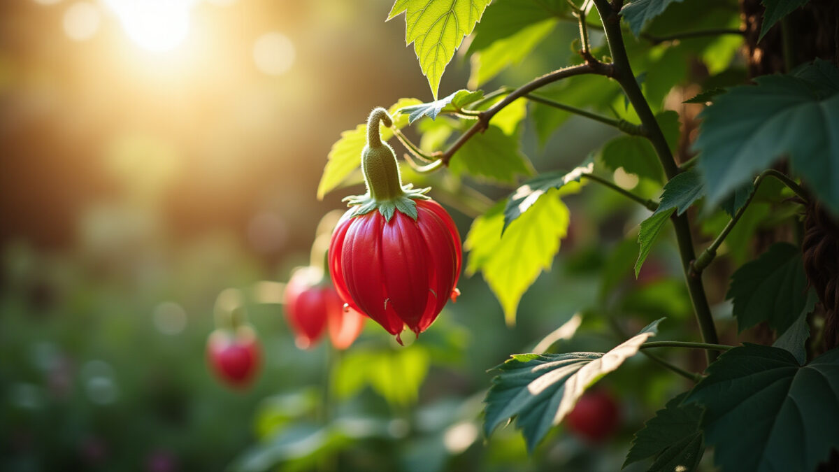 Abutilon recebendo luz solar e rega no jardim.