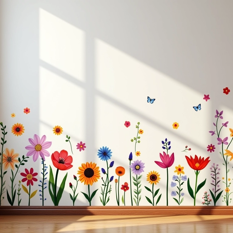 Adesivos de parede florais coloridos decorando um apartamento.