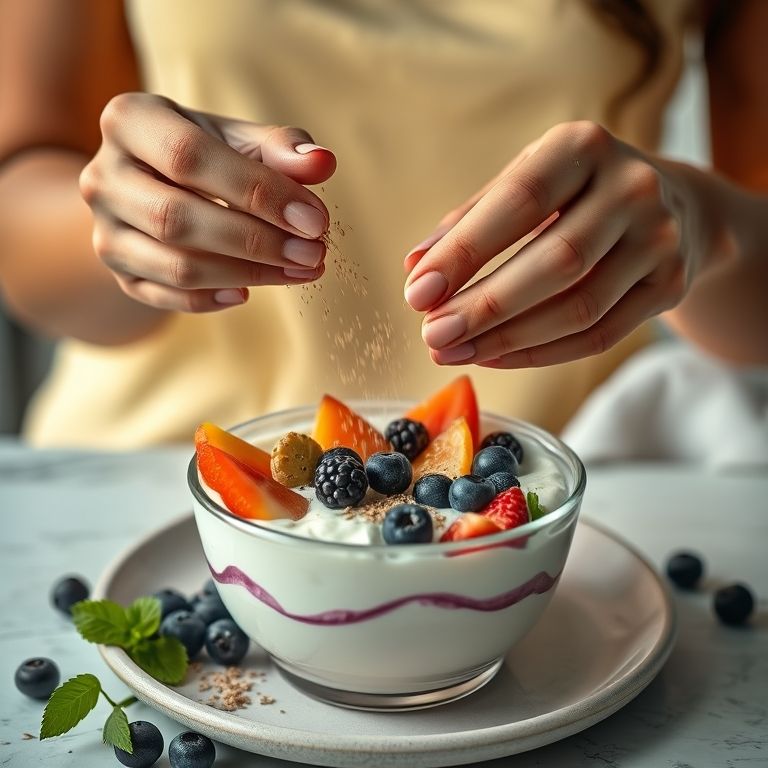 Adicionando linhaça ao iogurte com frutas, uma opção deliciosa e saudável.