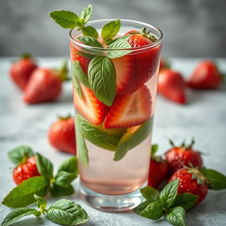 Água saborizada de morango e manjericão em copo com ingredientes frescos.