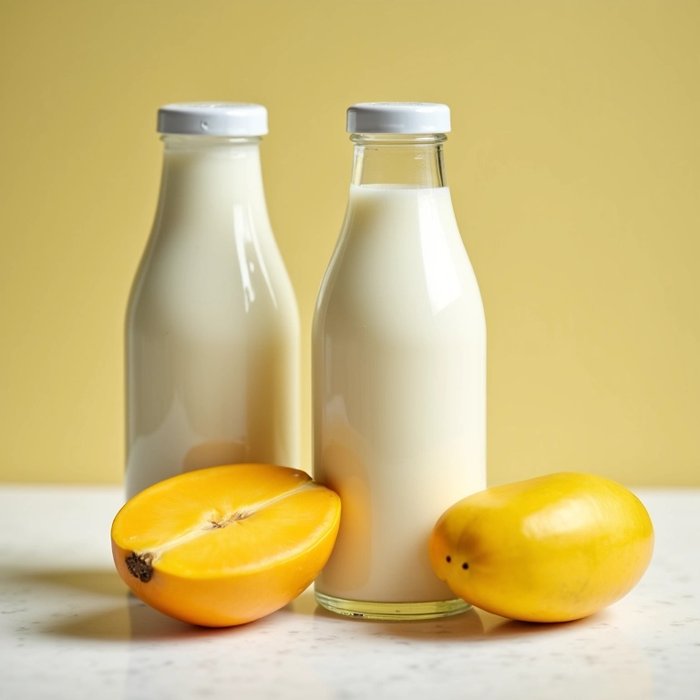 Alternativas de leite vegetal ao lado de uma mangaba. Dúvida: Posso usar outro leite?