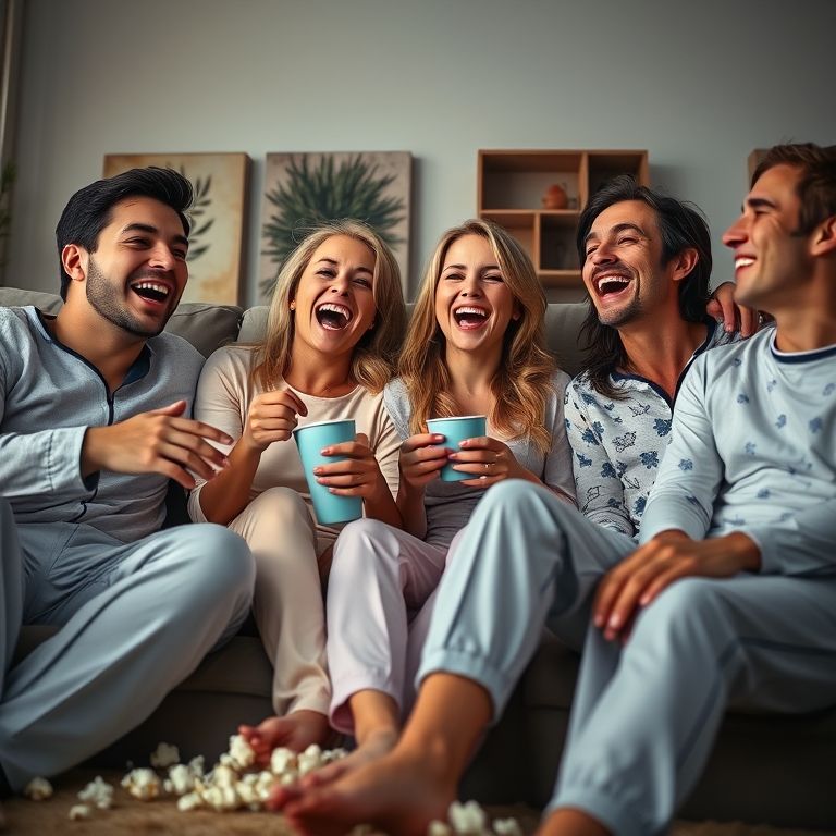 Amigas reunidas assistindo a um filme engraçado na festa do pijama.