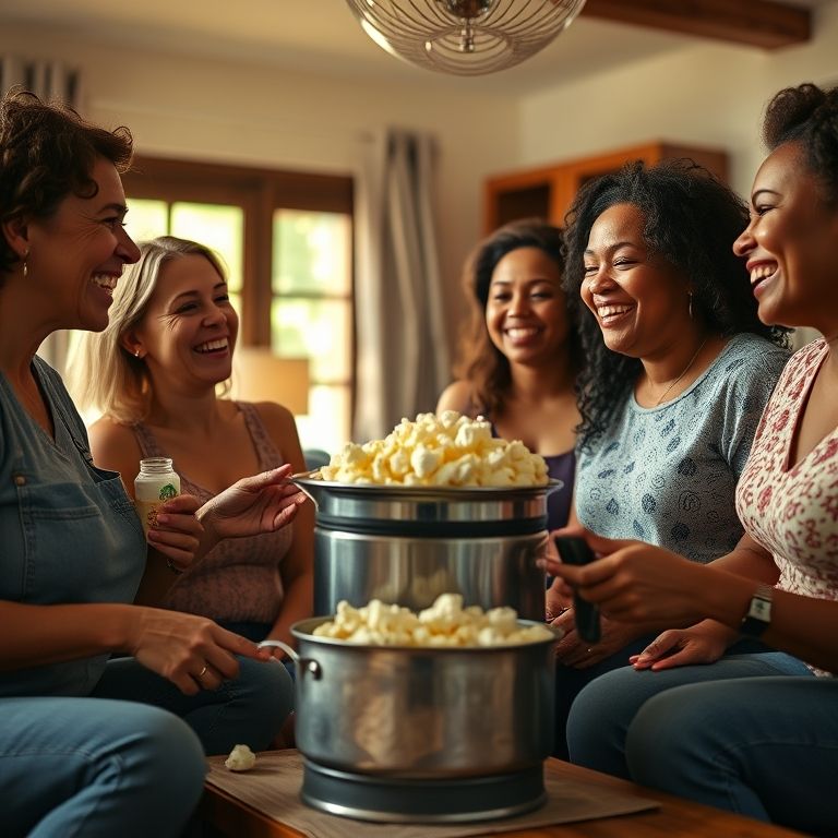 Amigas saboreando pipoca caseira na sala.