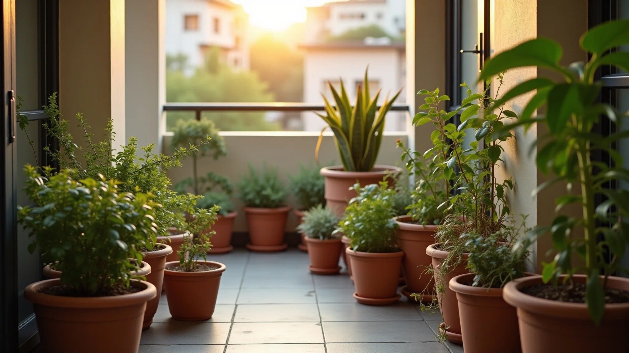 Jardim de varanda com vasos de tamanhos variados e plantas diversas.