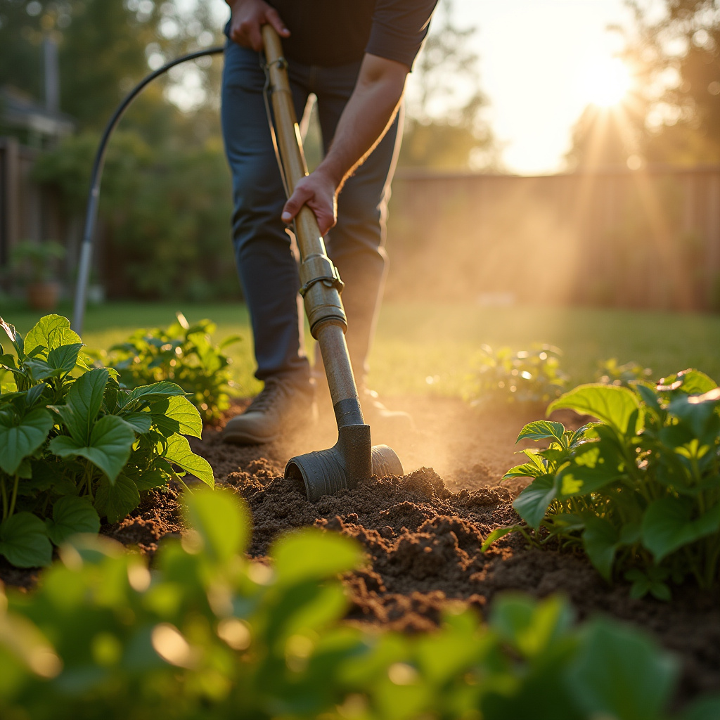 Applying Roundup on a sunny morning, garden setting, professional photography, 8K quality, sharp Aplicando Roundup em um dia ensolarado pela manhã.