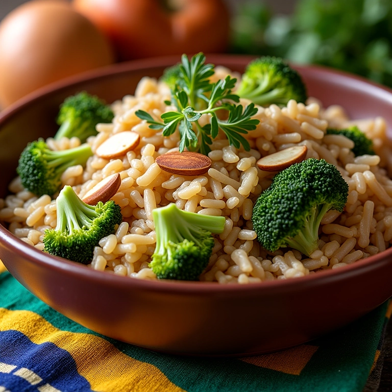 Arroz integral com brócolis e amêndoas, uma explosão de sabores e nutrientes.