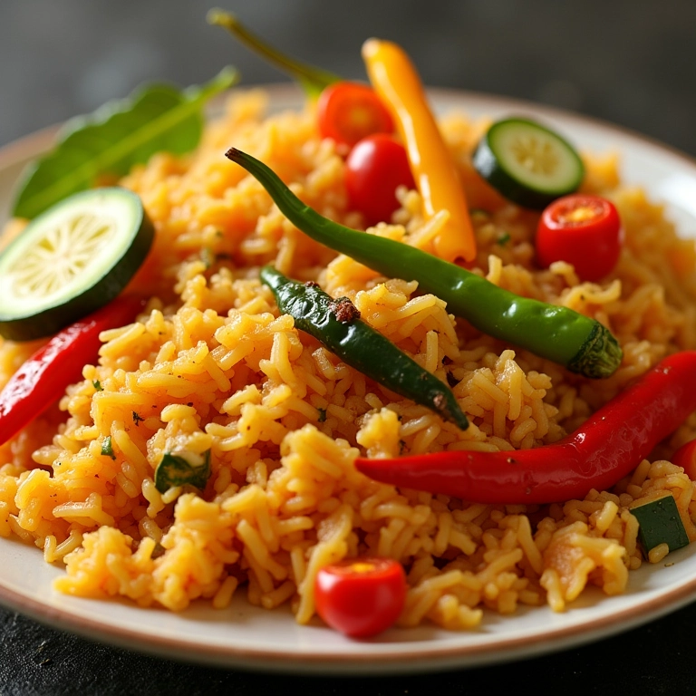 Arroz picante com pimenta malagueta e legumes frescos.